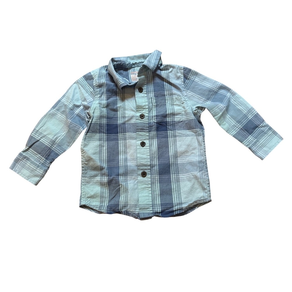 Cat & Jack Plaid Button Down Kids Blue Excellent Long Sleeve Pocket SIZE 18M